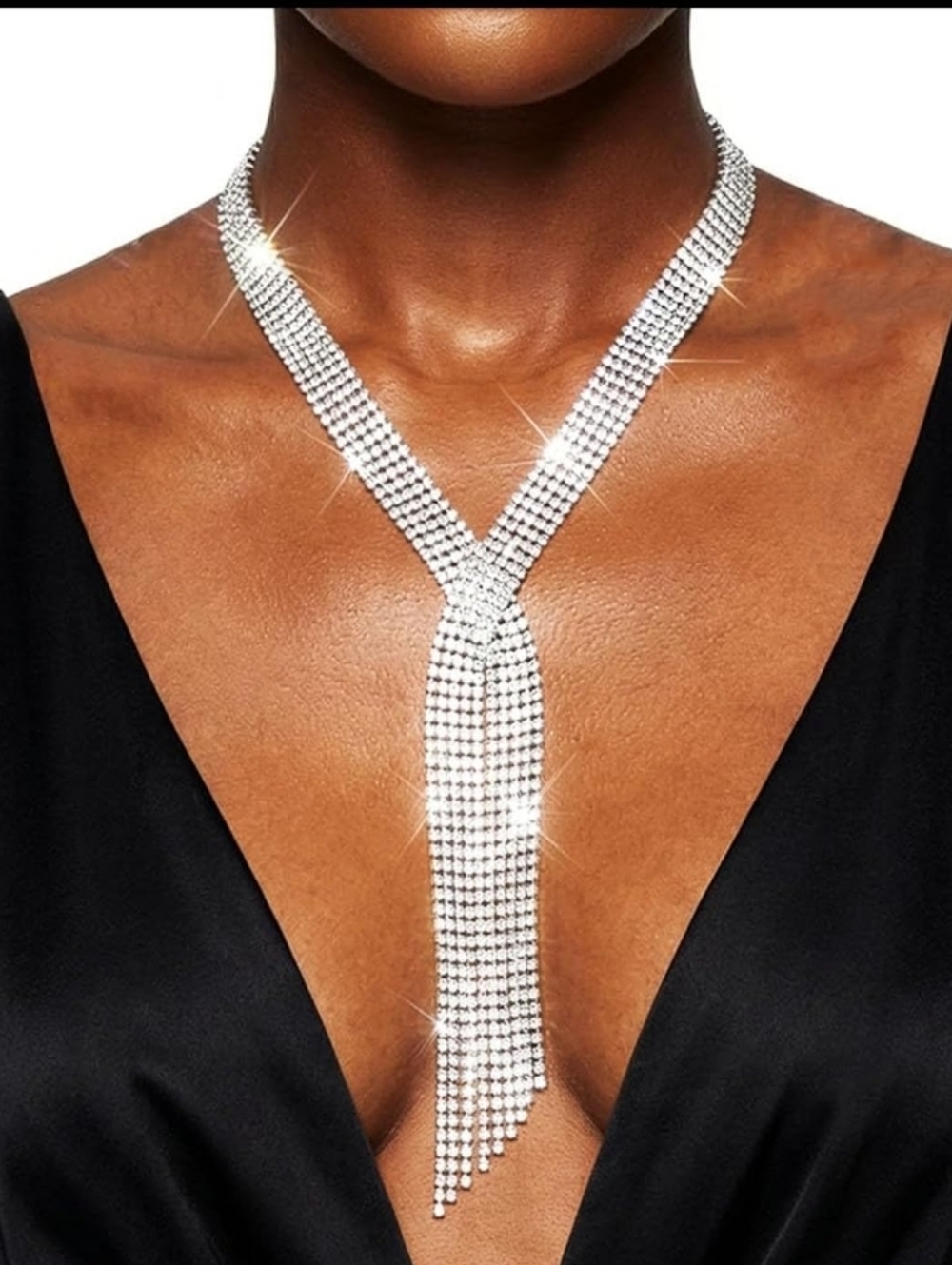 Silver Crystal Tassel Y-Necklace - Elegant Evening Jewelry